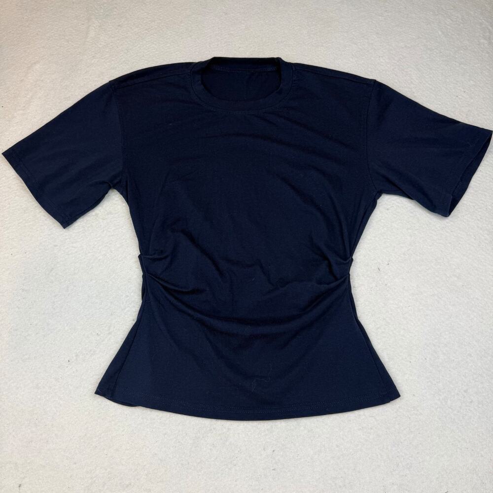 Dazy Draped Side Short Sleeve T-Shirt Women's Size S Navy Blue Slit Back Tee